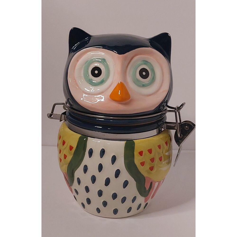 Ceramic Jar Hinged Lid Blue Multi Color Artsy Owl‎ by Boston Warehouse Co #5B5